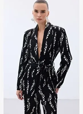Sateen Desenli Uzun Ceket - Siyah