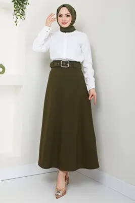 hafsamina Kemerli Mevlana Etek Haki HM2370