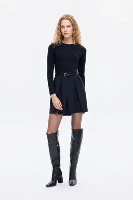 Quzu Beli Kemerli Garnili Basic Mini Elbise Siyah