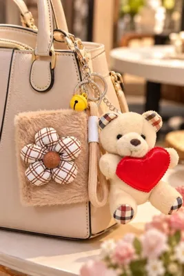 Diğer Ers Bej Peluş Çanta Aynası Ve Kalpli Ayıcık Anahtarlık 2 Li Sevimli Aksesuar Seti
