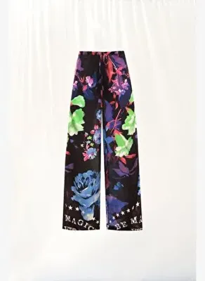 #vdr viadellerose Siyah Çiçekli Saten Pantolon 17251