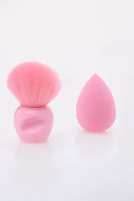 GulFlower Allık Fırçası ve Makyaj Süngeri 2'li Set Pembe