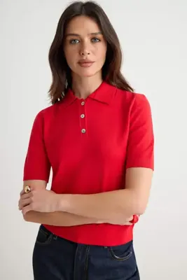 TRENDYOLMİLLA Kırmızı Premium İplik/Özel İplik Polo Yaka Triko Bluz TWOSS25BZ00184