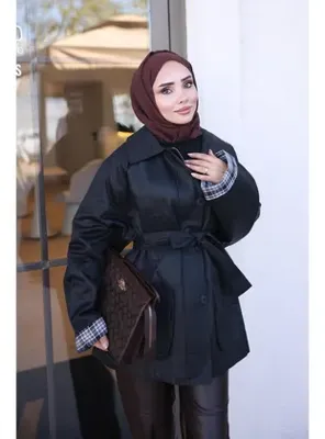 İmaj Butik Siyah Ekose Astarlı Mumlu Kısa Trençkot