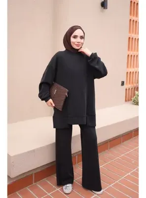 İmaj Butik Siyah Bisiklet Yaka Taşlı Tunik Pantolonlu Takım