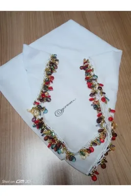 GÜNBATILI El  Emeği Kristal Damla Boncuklu Yazma ,Tülbent Yemeni, Fular ,4 Kenar oyalı