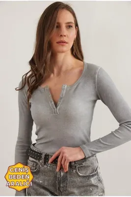 Olalook Kadın Yıkamalı Gri Patlı Kaşkorse Bluz BLZ-19000588