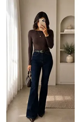 Denim By Poema Kadın Lacivert Yüksek Bel İspanyol Paça Jean Pantolon – Koyu Renk