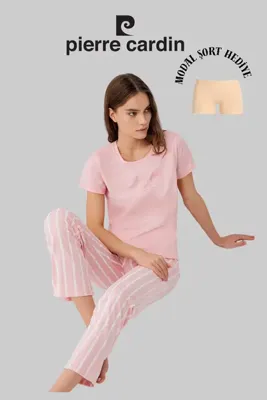 Pierre Cardin Kadın Pembe Geniş Yaka Cep Detaylı Pijama Takımı (Modal Şort Hediyeli)