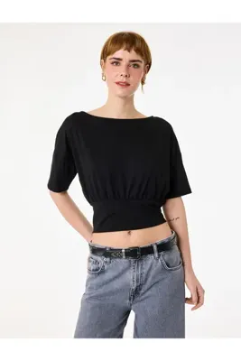 Koton Kısa Kollu Viskon Karışımlı Kayık Yaka Bel Vurgulu Crop Tişört