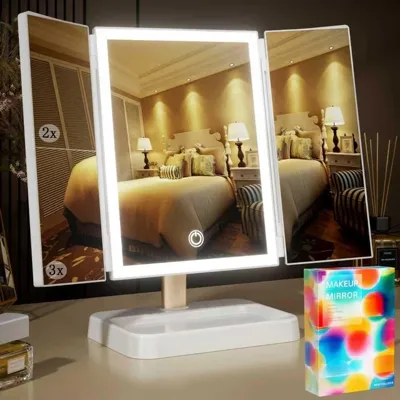 Syncticaret 78 Led Işıklı Şarj Edilebilir Üç Katlı Makyaj Aynası, Kompakt Seyahat Işıklı Makyaj Aynası Büyütme İle 3 Yönlü Ayna 3 Renkli Aydınlatma Ayarlanabilir Parlaklık Dokunmatik Kontrol Belirtilmemiş