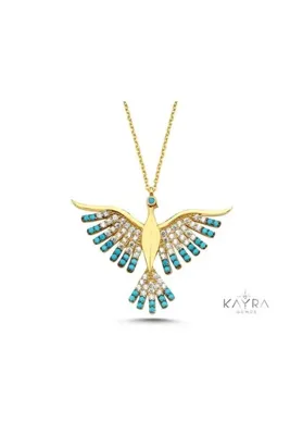 Kayra Mücevher Mavi Taşlı Anka Kuşu Altın Kaplama Kolye GM90