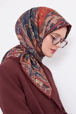 Lesscarves Desenli Pamuk İpek Eşarp 90x90 LS2212 01-Turuncu-İndigo-Bej