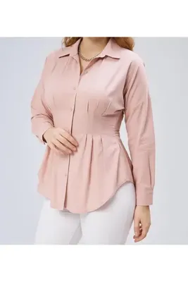 EMMAS CLOTHİNG Kadın Belden Oturtmalı Pileli Pudra Gömlek