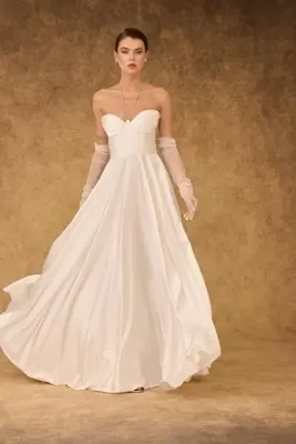 CARMEN Ekru Saten Straplez Uzun Abiye Elbise ve Nikah Elbisesi