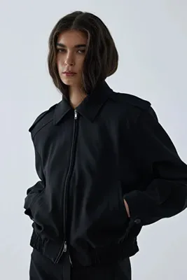 Suud Collection Siyah Cooper Crop Bomber Ceket