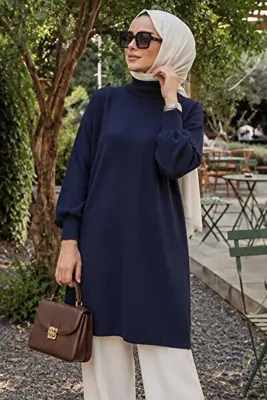 N.S NEVA STYLE Boğazlı Lacivert Tesettür Triko Kazak 10381L