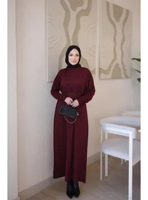 İmajButik Bordo Merserize Taşlı Triko Elbise