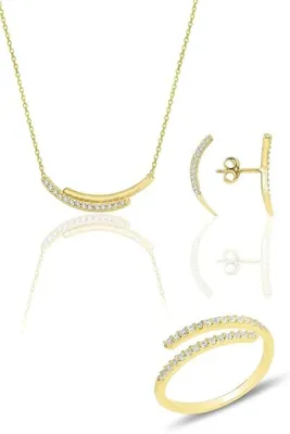 Söğütlü Silver Gümüş Altın Yaldızlı Zirkon Sıra Taşlı Kolye Küpe Ve Yüzük Üçlü Set Sgtl12120gold