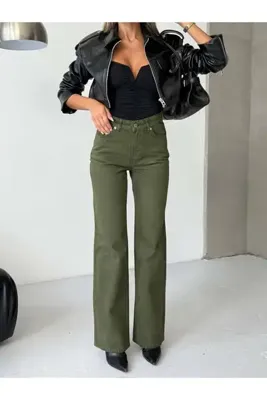 HerTon Kadın Yüksek Bel Geniş Paça Burgonya Denim Pantolon
