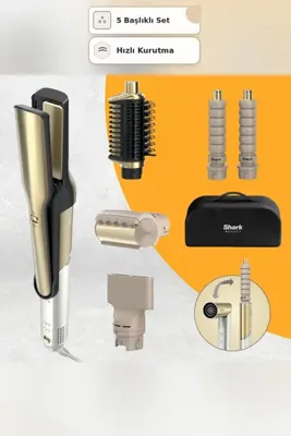 Shark Glam 5 Başlıklı Fön Fırçası ve Saç Maşası Seti Gold 1500W Negatif İyon Anti Frizz Parlaklık Veren