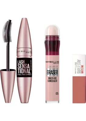 Rafta Maybelline New York Instant Anti Age Eraser Kapatıcı - 05 Brighten & Maybelline New York Lash Sensational Yelpaze Etkili Siyah Maskara & Maybelline Super Stay 65 Mini Fondöten Hediyeli