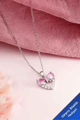 The Collection Pembe Fiyonk Zirkon Taşlı Kalp Çelik Kolye Kararmaz Gümüş Zirkon Taşlı Çelik Kolye