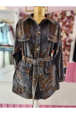 my312 kadın lacivert belden bağlamalı desenli denim ceket