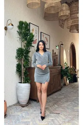 Moda Banuş Simli Gümüş Vatkalı Mini Elbise