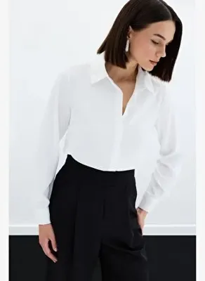 Sateen Klasik Düz Gömlek - Ekru
