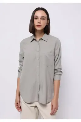 Colins Regular Fit Shirt Neck Düz Kadın Yeşil Uzun Kol Gömlek