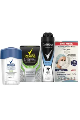Rexona Clinical Protection Active Fresh 45ml + Men Invisible Ice Fresh Deodorant 150ml + 10'lu Maske
