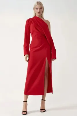 Hiccup Asimetrik Yaka Yırtmaçlı Bodycon Midi Elbise