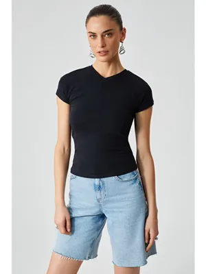 ETHIQUET MARTA Kadın Yuvarlak Yaka Kısa Kol Slim SİYAH T-Shirt