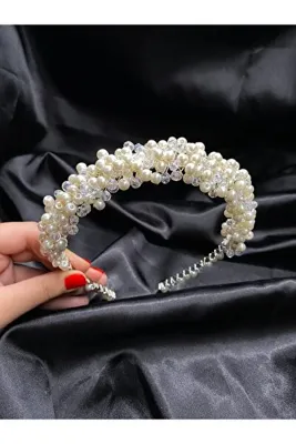 ecrin tuhafiye hobi Kristal Taşlı Nişan, Kına, Gelin, Düğün, Abiye Tacı Kırık Beyaz