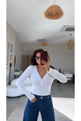 Buket Teke Beyaz Fitilli Pamuk Çıtçıtlı Bluz