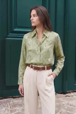 Sateen Çizgi ve Çiçek Desenli Gömlek - Haki