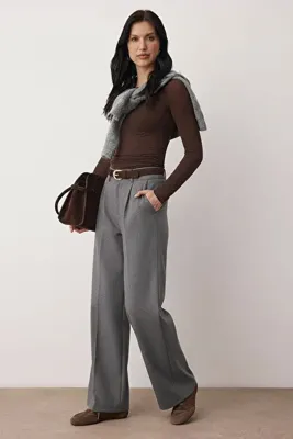 TRENDYOLMİLLA Gri Kalın Tuşeli/Kışlık Wideleg Geniş Paça Dokuma Pantolon TWOAW26PL00160