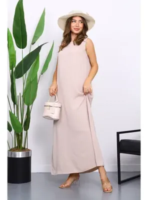 İmajButik Bej Sıfır Kol Ayrobin Tesettür İçlik Elbise