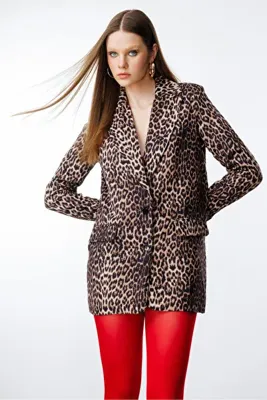 No Matter What Kadın Leopar Desenli Blazer Ceket Uzun Kollu