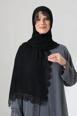 İhvanonline İğne Oyalı Dantelli Güpürlü Eşarp Demor Mevlüt Örtüsü Namaz Örtüsü Papatya Motifli Siyah (SNL)