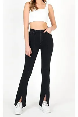 ByCukurovaFrango BY-4403 Jeans Siyah Yüksek Bel Likralı Ön Yırtmaçlı Kadın Kot Jinox Pantolon