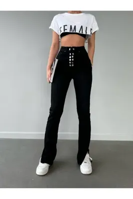 HerTon Önü Metal Düğmeli Yüksek Bel Paçası Yırtmaçlı Flare Lıkralı Denim Pantolon