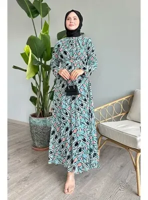 Modanisa Soyut Fırça Desen Mint Şifon Elbise