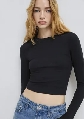 Mavi Uzun Kollu Siyah Crop Basic Tişört