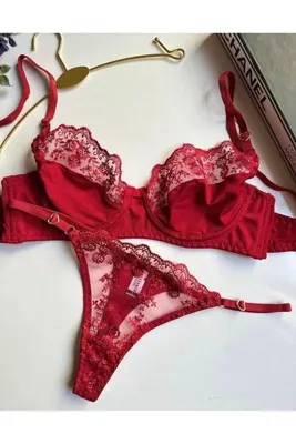 HAMA LOVE Kadın Kırmızı Dantelli Saten Tanga Detaylı Sütyen Takımı Iç Çamaşır Takımı