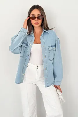 HLT JEANS Kadın Mavi Kar Oversize Cepli Düğmeli %100 Pamuk Kot Gömlek SOFİA-6010