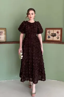 Elbee Fashion Woman Kahve Güllü Elbise