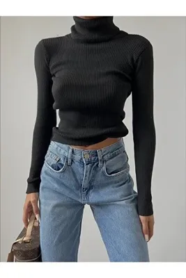 Beybun boutique Kadın Balıkçı Yaka Pamuklu Jakarlı Kaşkorse Fitilli Kazak