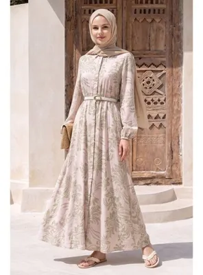 InStyle Soft Desenli Kemerli Pudra Elbise